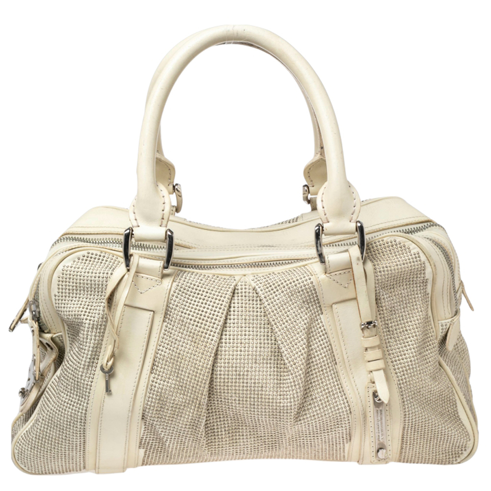 BURBERRY Off White Leather Studded Ashbury Knight Satchel - Picture 4 of 9